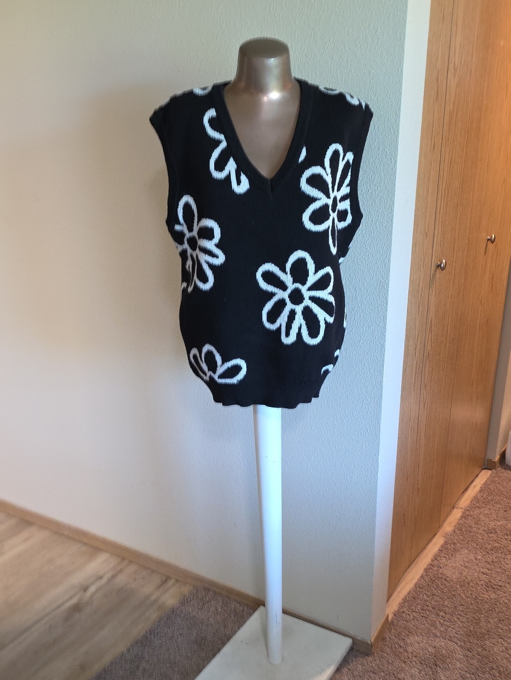 Wesc Black & White Floral V-Neck Knit Vest